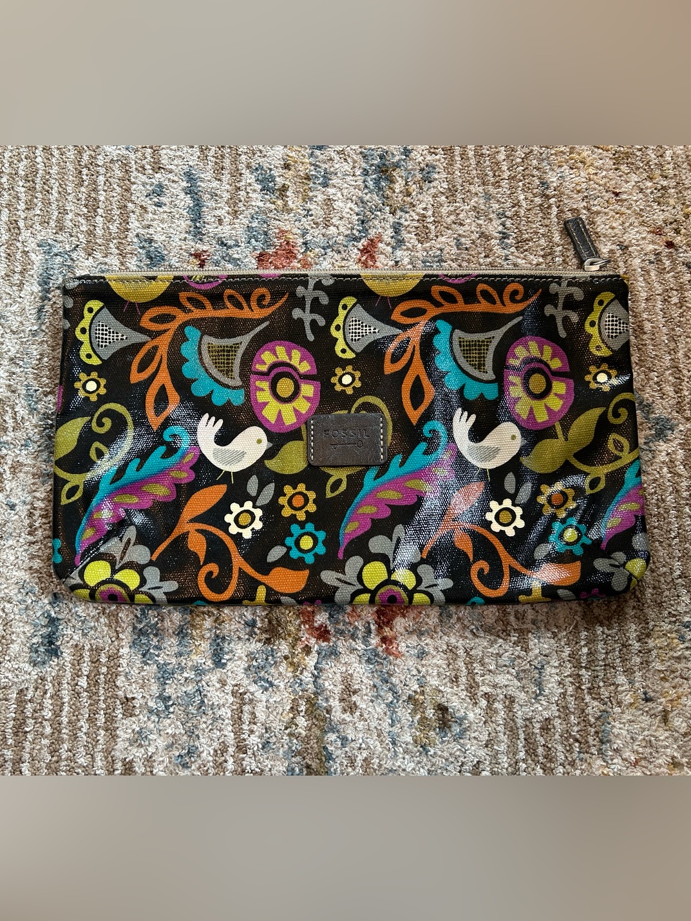 Fossil Black Floral Zip Pouch with Multicolor Accents